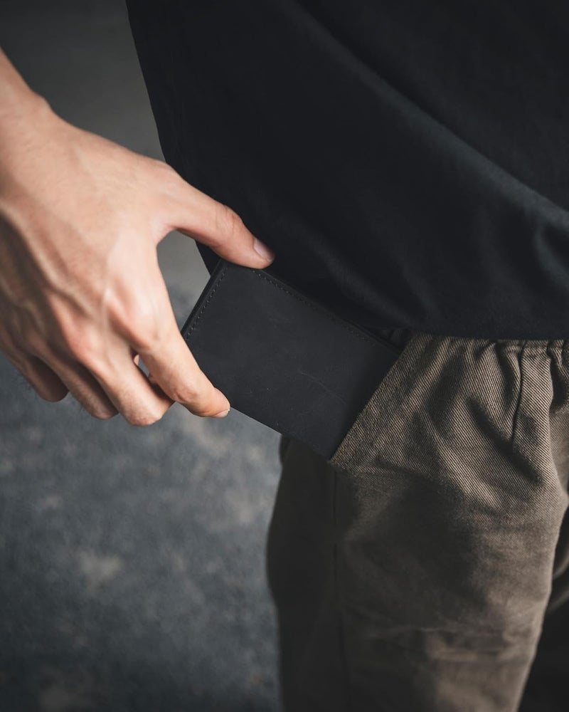 VULKIT حامل بطاقات العمل من الجلد الأصلي ذو جانبين نحيف منظم لبطاقات العمل للرجال أو النساء، يحمل حتى 20 بطاقة (أسود أصلي) - Image 3